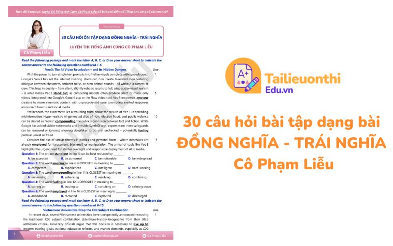 30 câu hỏi bài tập dạng bài ĐỒNG NGHĨA - TRÁI NGHĨA Cô Phạm Liễu
